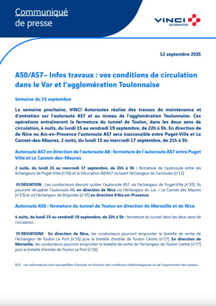 Conditions de circulation semaine du 15/09