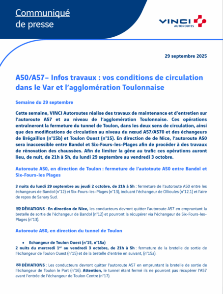 Conditions de circulation semaine du 29/09