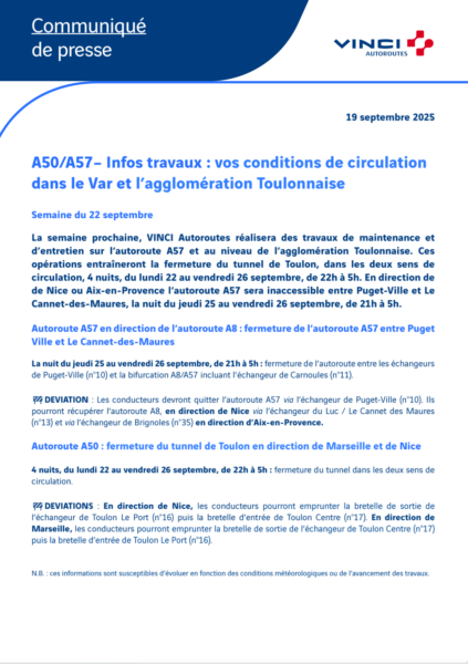 Conditions de circulation semaine du 22/09
