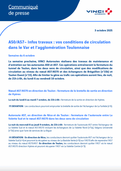 Conditions de circulation semaine du 06/10